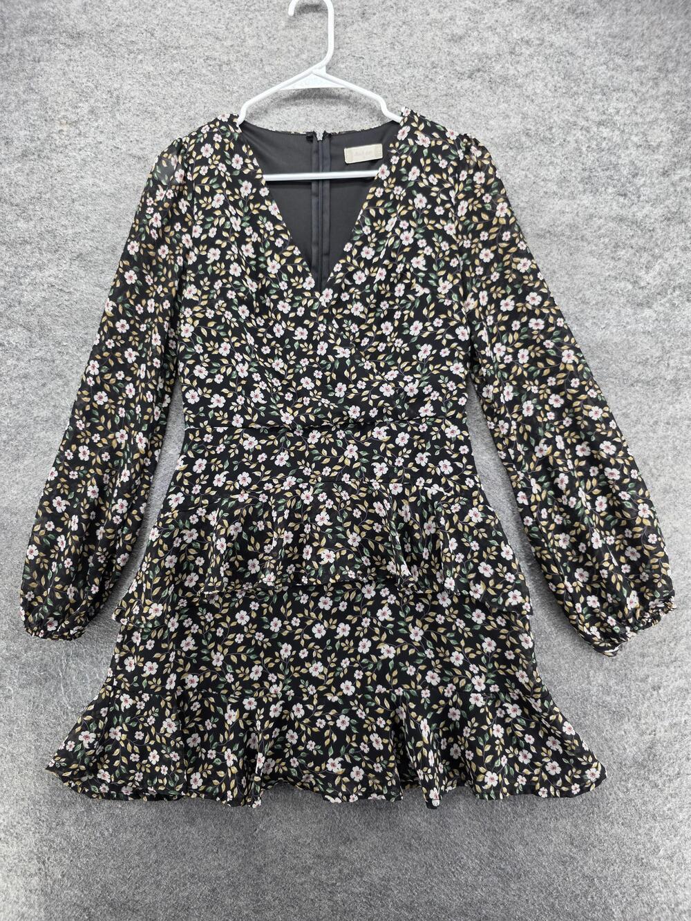 Altar'd State Dress Womens M Black Fit & Flare Mini V-Neck Floral Ruffle
